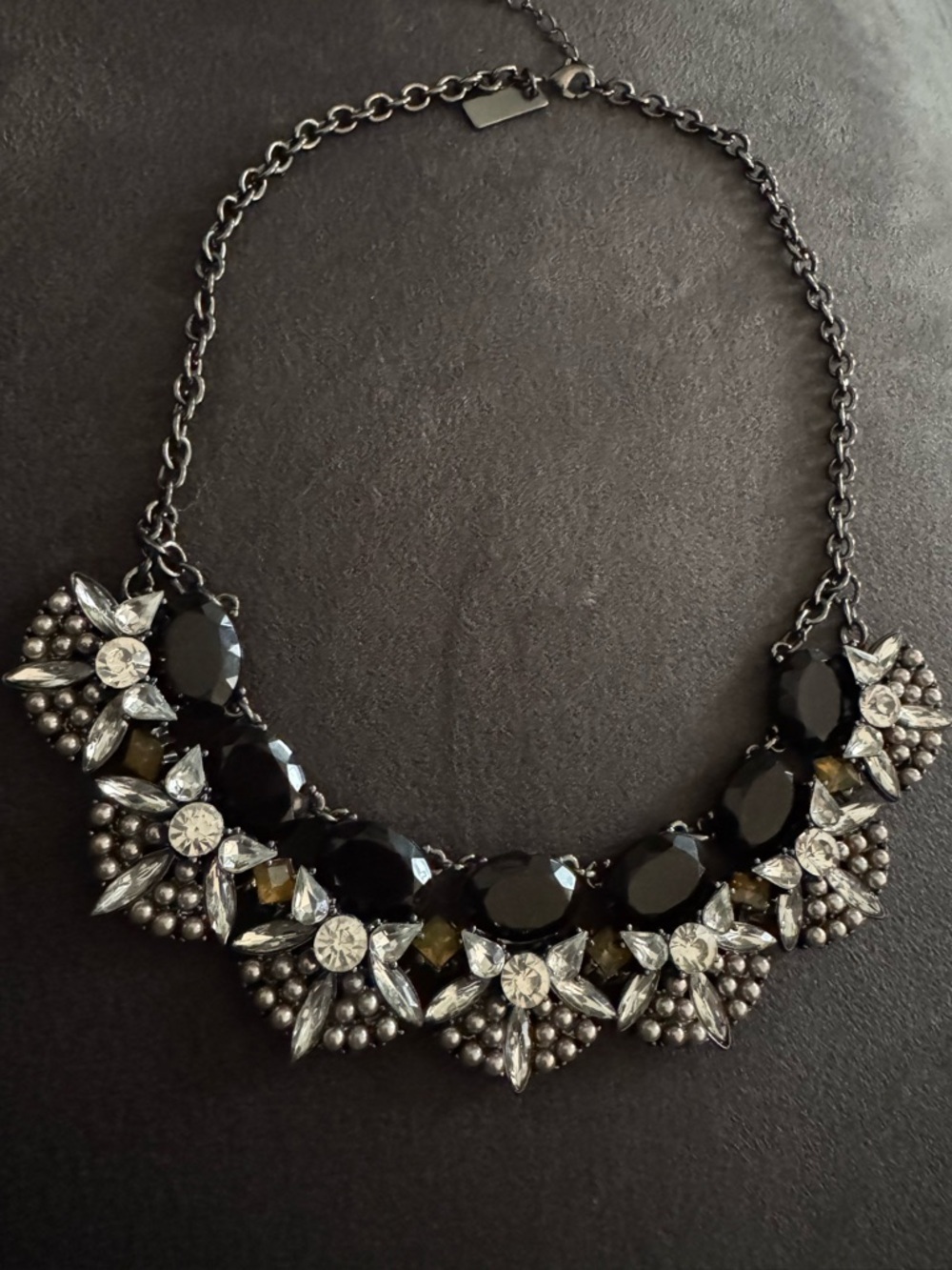 Black Crystal Statement Necklace Rhinestone Floral Bib Gunmetal Glam